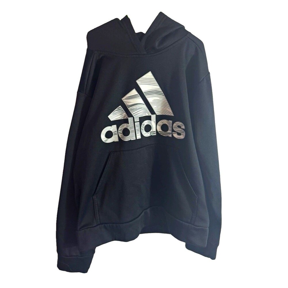 adidas Unisex Kids L Black Pullover Hoodie w/ Pockets White Logo Print
